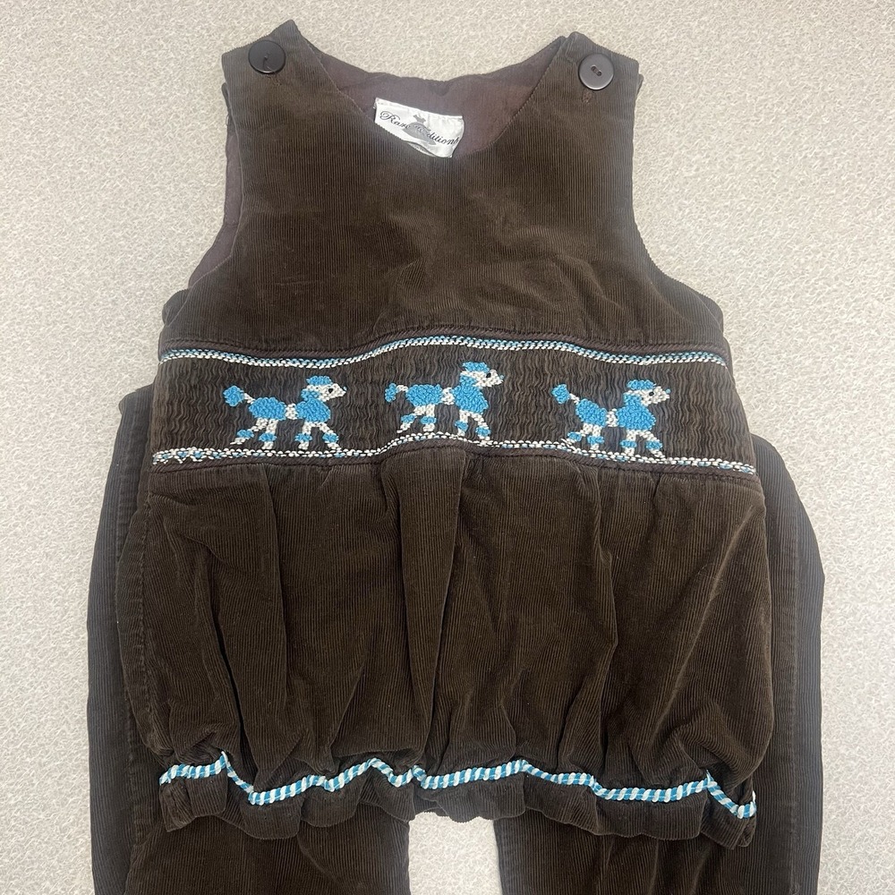Vintage 4T Rare Editions Poodle Dog Swing Top Pant Set Brown Blue Corduroy Twins